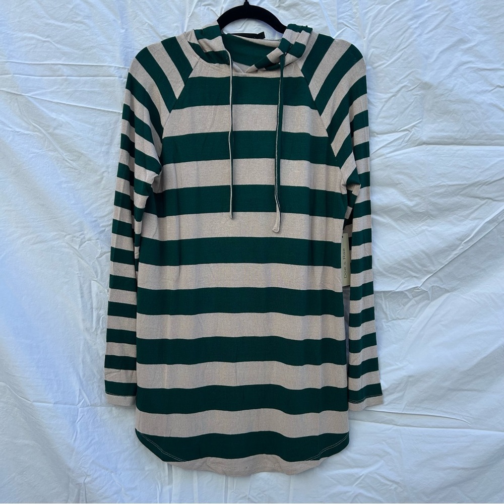 NWT Anthropologie Doe & Rae Knit Lightweight Stripe Hoodie Green Tan Size L 0033